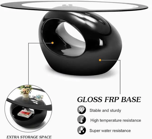 Alt view image 5 of 7 - COSVALVE Oval Glass Coffee Table with High Gloss Hollow Base & Tempered Glass Top, Side Table for Living Room, Sitting Room, Black Unique Coffee Table