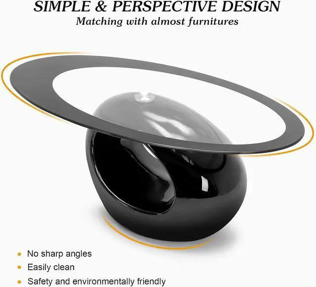 Alt view image 6 of 7 - COSVALVE Oval Glass Coffee Table with High Gloss Hollow Base & Tempered Glass Top, Side Table for Living Room, Sitting Room, Black Unique Coffee Table