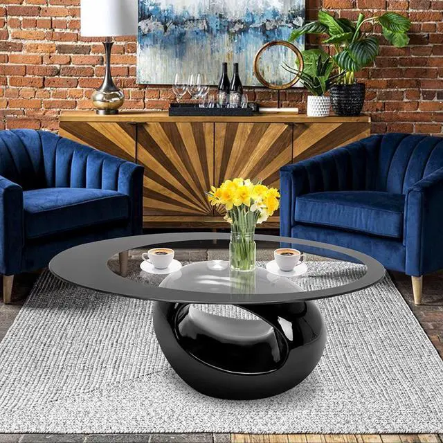 Alt view image 7 of 7 - COSVALVE Oval Glass Coffee Table with High Gloss Hollow Base & Tempered Glass Top, Side Table for Living Room, Sitting Room, Black Unique Coffee Table