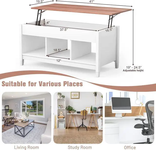 Alt view image 3 of 7 - COSTWAY Lift Top Coffee Table, with Hidden Storage Compartment & 3 Open Shelves, Rectangular Cocktail Tea Table with Solid Wood Legs for Living Room Reception Room (White)