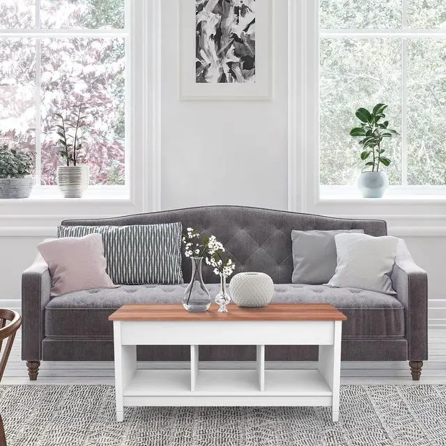 Alt view image 4 of 7 - COSTWAY Lift Top Coffee Table, with Hidden Storage Compartment & 3 Open Shelves, Rectangular Cocktail Tea Table with Solid Wood Legs for Living Room Reception Room (White)