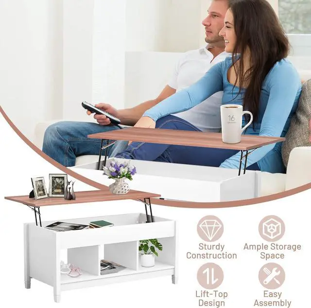 Alt view image 6 of 7 - COSTWAY Lift Top Coffee Table, with Hidden Storage Compartment & 3 Open Shelves, Rectangular Cocktail Tea Table with Solid Wood Legs for Living Room Reception Room (White)