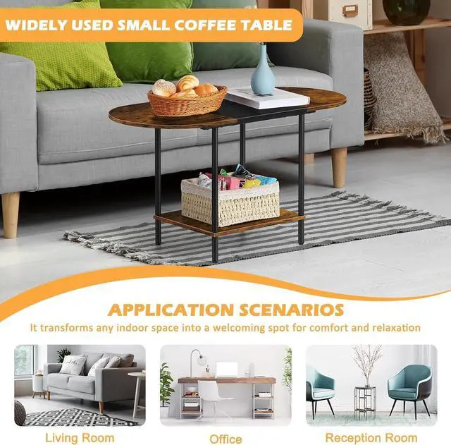 Alt view image 3 of 7 - ETELI Small Round Coffee Tables for Small Space Farmhouse Oval Coffee Table with 2-Tier Storage Shelf Circle Center Tea Table for Living