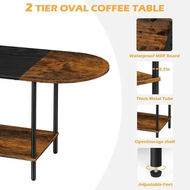 Alt view image 4 of 7 - ETELI Small Round Coffee Tables for Small Space Farmhouse Oval Coffee Table with 2-Tier Storage Shelf Circle Center Tea Table for Living