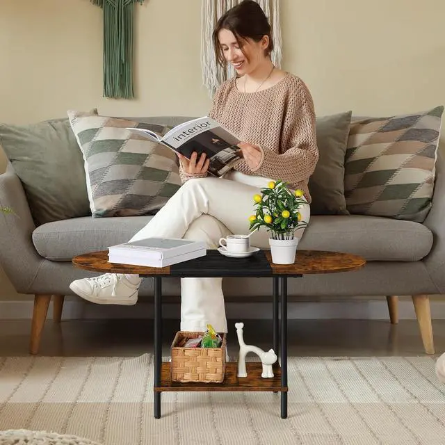 Alt view image 7 of 7 - ETELI Small Round Coffee Tables for Small Space Farmhouse Oval Coffee Table with 2-Tier Storage Shelf Circle Center Tea Table for Living