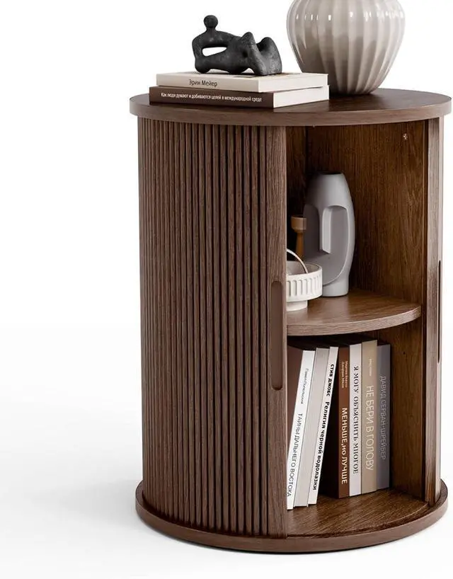 Main image of LINSY HOME Round Fluted End Table, Tall Side Table with Sliding Tambour Door and Storage Shelf, Modern Bedside Table, Mid-Century Nightstand for Living Room, Bedroom, Walnut