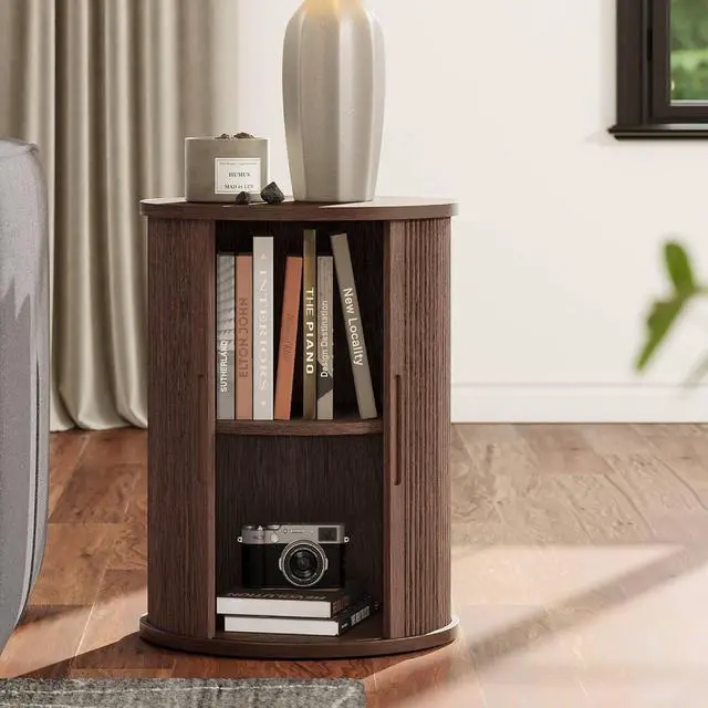 Alt view image 2 of 7 - LINSY HOME Round Fluted End Table, Tall Side Table with Sliding Tambour Door and Storage Shelf, Modern Bedside Table, Mid-Century Nightstand for Living Room, Bedroom, Walnut