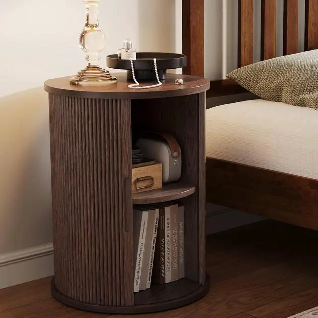 Alt view image 4 of 7 - LINSY HOME Round Fluted End Table, Tall Side Table with Sliding Tambour Door and Storage Shelf, Modern Bedside Table, Mid-Century Nightstand for Living Room, Bedroom, Walnut