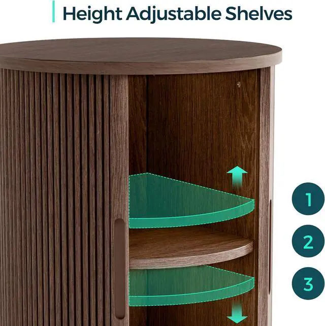 Alt view image 5 of 7 - LINSY HOME Round Fluted End Table, Tall Side Table with Sliding Tambour Door and Storage Shelf, Modern Bedside Table, Mid-Century Nightstand for Living Room, Bedroom, Walnut