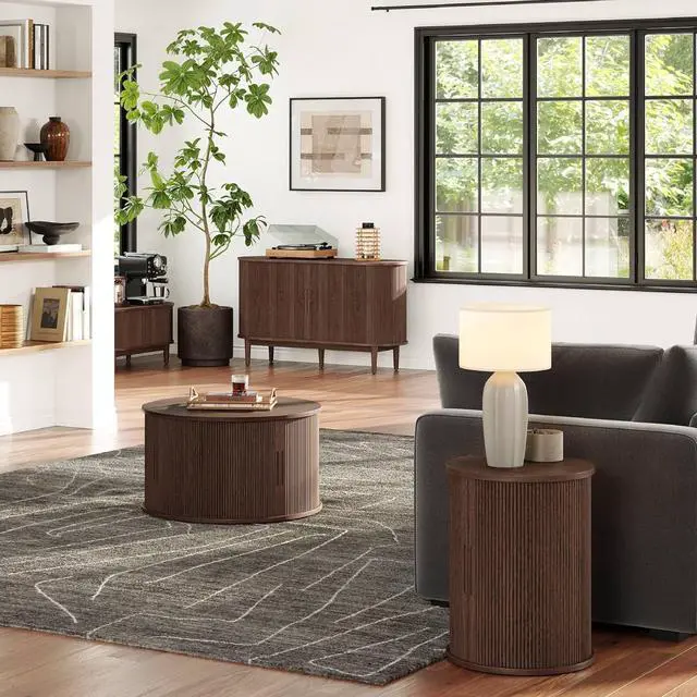Alt view image 7 of 7 - LINSY HOME Round Fluted End Table, Tall Side Table with Sliding Tambour Door and Storage Shelf, Modern Bedside Table, Mid-Century Nightstand for Living Room, Bedroom, Walnut
