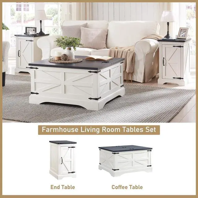 Alt view image 2 of 7 - JXQTLINGMU Nightstand with Charging Station, Rectangular Farmhouse End Table with Barn Door and Adjustable Storage Shelf, 17" Deep Wood Rustic Sofa Side Table for Living Room, Bedroom, White