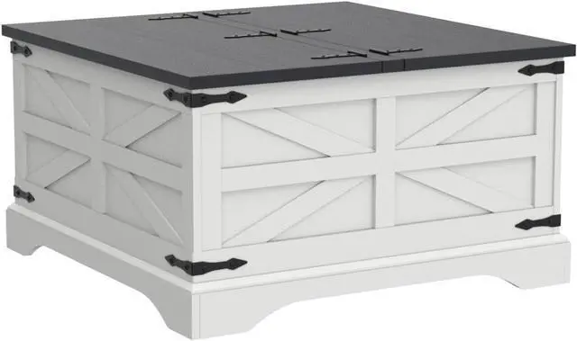 Alt view image 4 of 6 - JXQTLINGMU Farmhouse Coffee Table, Square Wood Center Table with Large Hidden Storage Compartment for Living Room, Rustic Cocktail Table with Hinged Lift Top for Home, White