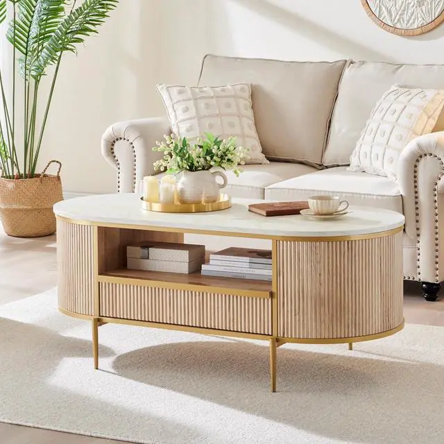 Main image of OKD Modern Luxury Fluted Coffee Table, 48" Oval Coffee Table with Drawer, Faux Marble Top, Curved Profile Design, Gold Metal Decor, Center Table for Living Room Natural Oak