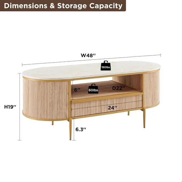 Alt view image 2 of 6 - OKD Modern Luxury Fluted Coffee Table, 48" Oval Coffee Table with Drawer, Faux Marble Top, Curved Profile Design, Gold Metal Decor, Center Table for Living Room Natural Oak