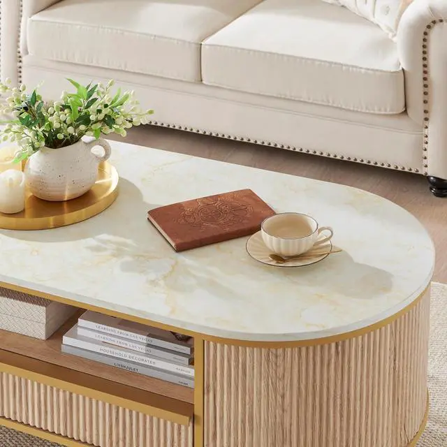 Alt view image 3 of 6 - OKD Modern Luxury Fluted Coffee Table, 48" Oval Coffee Table with Drawer, Faux Marble Top, Curved Profile Design, Gold Metal Decor, Center Table for Living Room Natural Oak
