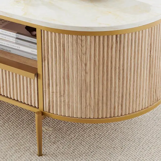 Alt view image 5 of 6 - OKD Modern Luxury Fluted Coffee Table, 48" Oval Coffee Table with Drawer, Faux Marble Top, Curved Profile Design, Gold Metal Decor, Center Table for Living Room Natural Oak