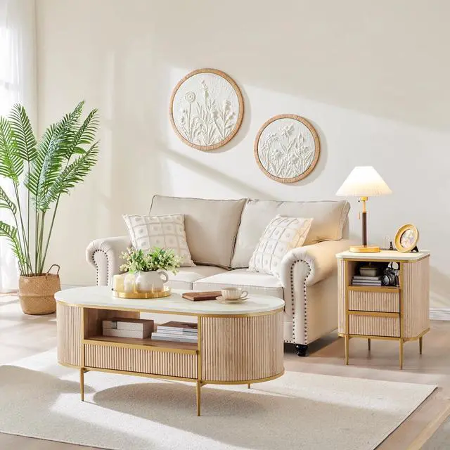 Alt view image 6 of 6 - OKD Modern Luxury Fluted Coffee Table, 48" Oval Coffee Table with Drawer, Faux Marble Top, Curved Profile Design, Gold Metal Decor, Center Table for Living Room Natural Oak