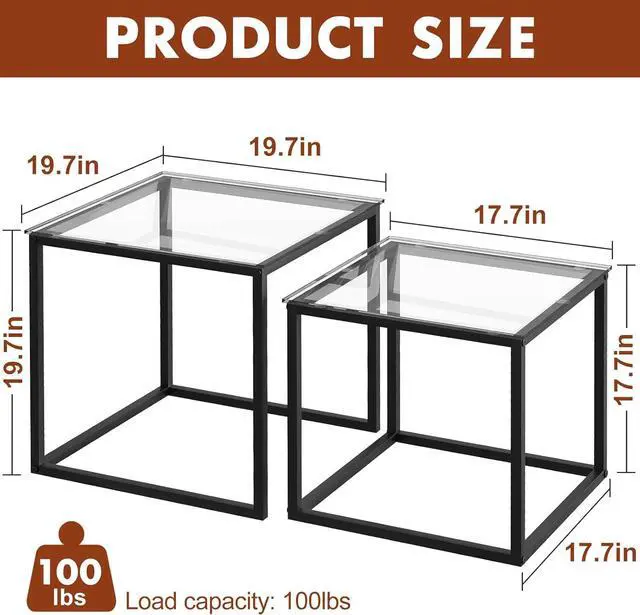 Alt view image 2 of 7 - VILAWLENCE Coffee Table Set of 2, Modern Black Glass Side Table, Metal Frame Square End Table, Center Tables,Nesting Coffee Table for Living Room,Bedroom and Small Spaces