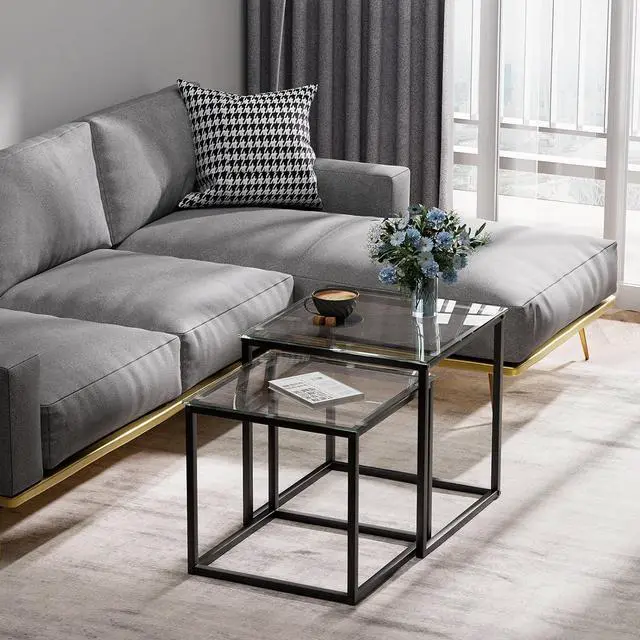 Alt view image 3 of 7 - VILAWLENCE Coffee Table Set of 2, Modern Black Glass Side Table, Metal Frame Square End Table, Center Tables,Nesting Coffee Table for Living Room,Bedroom and Small Spaces