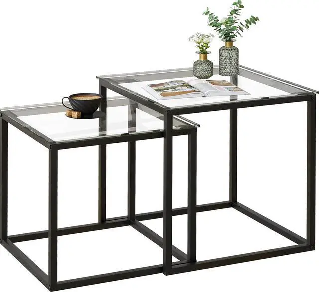 Alt view image 4 of 7 - VILAWLENCE Coffee Table Set of 2, Modern Black Glass Side Table, Metal Frame Square End Table, Center Tables,Nesting Coffee Table for Living Room,Bedroom and Small Spaces