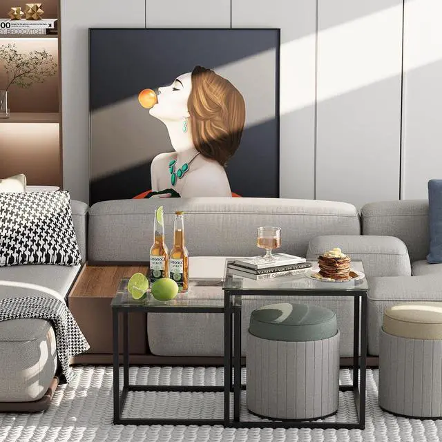 Alt view image 5 of 7 - VILAWLENCE Coffee Table Set of 2, Modern Black Glass Side Table, Metal Frame Square End Table, Center Tables,Nesting Coffee Table for Living Room,Bedroom and Small Spaces