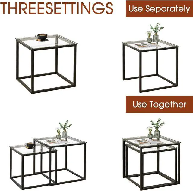 Alt view image 6 of 7 - VILAWLENCE Coffee Table Set of 2, Modern Black Glass Side Table, Metal Frame Square End Table, Center Tables,Nesting Coffee Table for Living Room,Bedroom and Small Spaces
