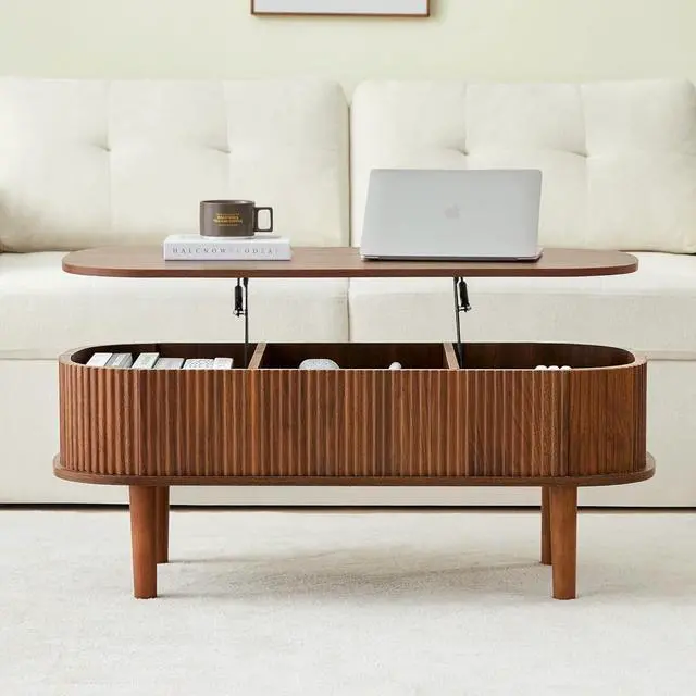 Alt view image 7 of 7 - Fluted Lift Top Coffee Table with Hidden Compartment, Fully Assembled Wooden Center Table, Modern Oval Lift Tabletop for Home Living Room Office, Walnut