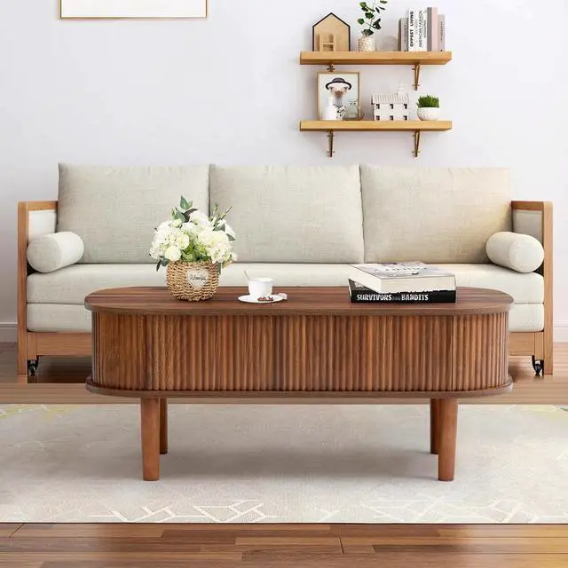 Alt view image 6 of 7 - Fluted Lift Top Coffee Table with Hidden Compartment, Fully Assembled Wooden Center Table, Modern Oval Lift Tabletop for Home Living Room Office, Walnut