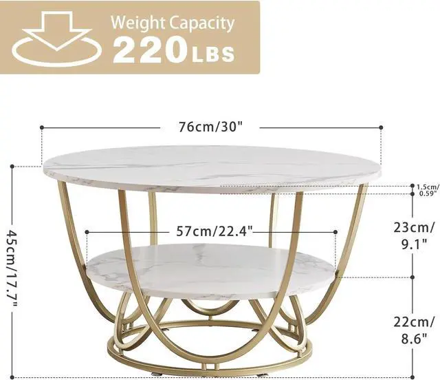 Alt view image 2 of 7 - Elephance Round Coffee Table with Storage, 30 Inch Modern Coffee Table for Living Room,Wooden Tabletop-Marble White Print with Gold Frame