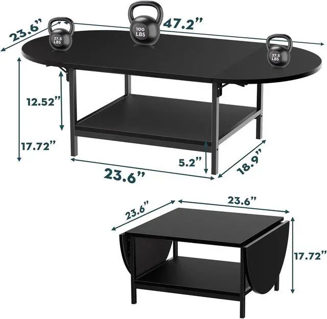 Alt view image 2 of 7 - SAYGOER Black Coffee Table Modern Extended Coffee Tables with Storage for Living Room 2-Tier Unique Center Table with Two Foldable Panel for Any Large or Small Space, All Black