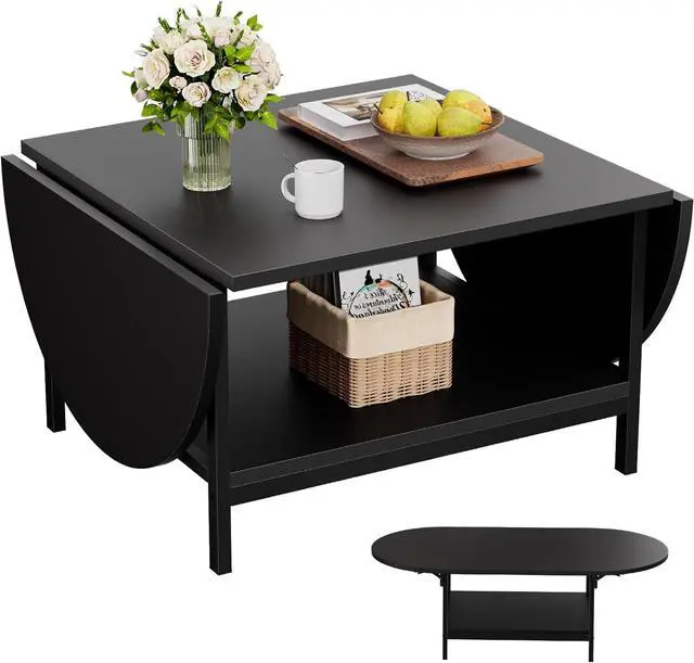 Main image of SAYGOER Black Coffee Table Modern Extended Coffee Tables with Storage for Living Room 2-Tier Unique Center Table with Two Foldable Panel for Any Large or Small Space, All Black