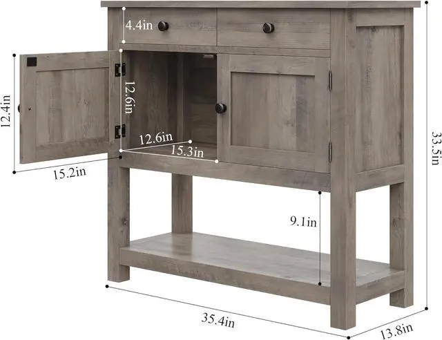 Alt view image 2 of 7 - HOSTACK Farmhouse Console Table with 2-Door Cabinet & 2 Drawers, Coffee Bar, Entryway Table with Storage Shelf, Sofa Tables Buffet Sideboard for Kitchen, Hallway, Dining, Living Room, Ash Gray