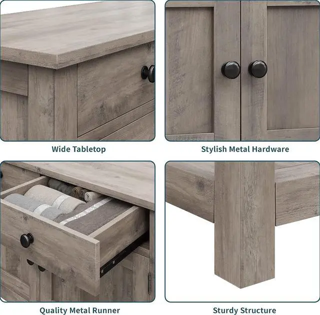 Alt view image 6 of 7 - HOSTACK Farmhouse Console Table with 2-Door Cabinet & 2 Drawers, Coffee Bar, Entryway Table with Storage Shelf, Sofa Tables Buffet Sideboard for Kitchen, Hallway, Dining, Living Room, Ash Gray