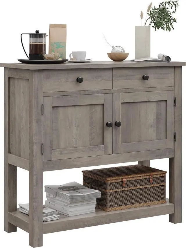 Alt view image 7 of 7 - HOSTACK Farmhouse Console Table with 2-Door Cabinet & 2 Drawers, Coffee Bar, Entryway Table with Storage Shelf, Sofa Tables Buffet Sideboard for Kitchen, Hallway, Dining, Living Room, Ash Gray
