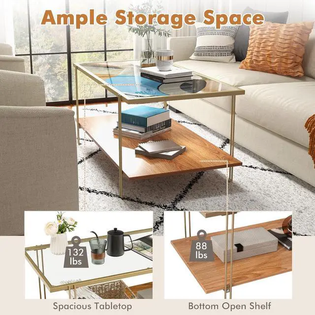 Alt view image 6 of 7 - Tangkula Glass Coffee Table, 40In Mid Century 2 Tier Rectangle Coffee Table, Tempered Glass Top & Wood Storage Shelf, Steel Frame, Adjustable Feet, Modern Cocktail Accent Table for Living Room (Gold)