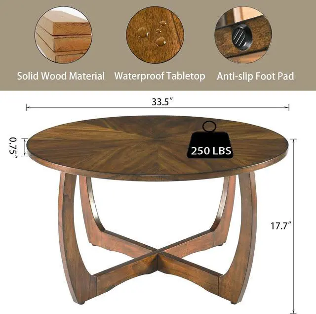 Alt view image 2 of 6 - LEEMTORIG Round Wood Coffee Table, Mid Century Modern Round Walnut Coffee Table for Living Room, 33.5" Dia. Circle Drum Coffee Table with Cross Legs, Easy Assembly, Brown Walnut KFZ-3223
