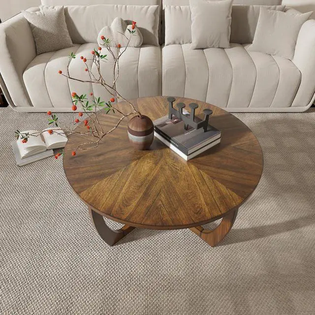 Alt view image 3 of 6 - LEEMTORIG Round Wood Coffee Table, Mid Century Modern Round Walnut Coffee Table for Living Room, 33.5" Dia. Circle Drum Coffee Table with Cross Legs, Easy Assembly, Brown Walnut KFZ-3223