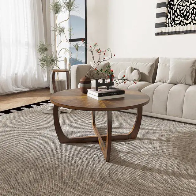 Alt view image 4 of 6 - LEEMTORIG Round Wood Coffee Table, Mid Century Modern Round Walnut Coffee Table for Living Room, 33.5" Dia. Circle Drum Coffee Table with Cross Legs, Easy Assembly, Brown Walnut KFZ-3223