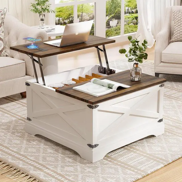 Main image of Lift Top Coffee Table with Storage, Square Coffee Table for Living Room with Wireless Charging, Farmhouse Coffee Table with Large Hidden Storage, White, 31.5"