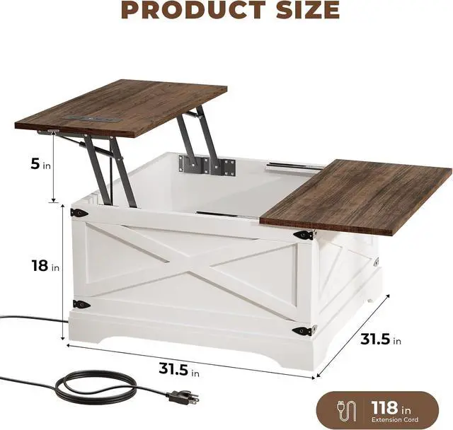 Alt view image 2 of 7 - Lift Top Coffee Table with Storage, Square Coffee Table for Living Room with Wireless Charging, Farmhouse Coffee Table with Large Hidden Storage, White, 31.5"