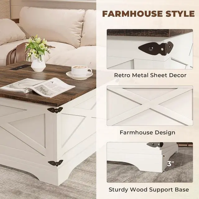 Alt view image 6 of 7 - Lift Top Coffee Table with Storage, Square Coffee Table for Living Room with Wireless Charging, Farmhouse Coffee Table with Large Hidden Storage, White, 31.5"