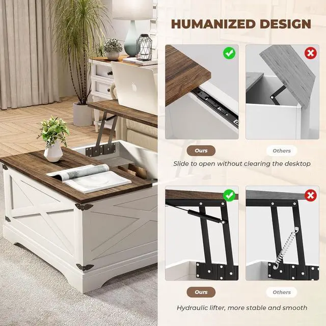 Alt view image 7 of 7 - Lift Top Coffee Table with Storage, Square Coffee Table for Living Room with Wireless Charging, Farmhouse Coffee Table with Large Hidden Storage, White, 31.5"