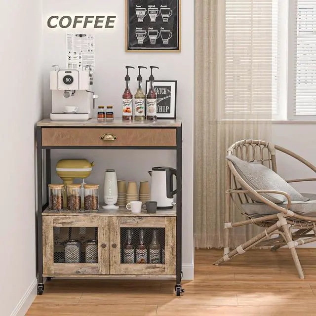 Alt view image 3 of 7 - X-cosrack Large Coffee Bar Cabinet3 Tiers Kitchen Coffee Cart with Drawer for The Home, Movable Farmhouse Coffee Station Table on Wheels for Living Room, Entryway, Dining Room, Kitchen