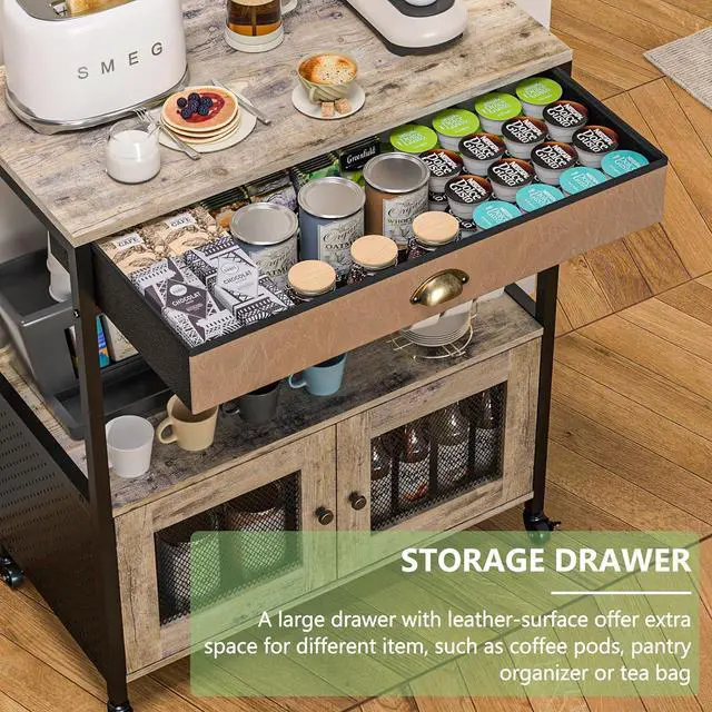 Alt view image 4 of 7 - X-cosrack Large Coffee Bar Cabinet3 Tiers Kitchen Coffee Cart with Drawer for The Home, Movable Farmhouse Coffee Station Table on Wheels for Living Room, Entryway, Dining Room, Kitchen