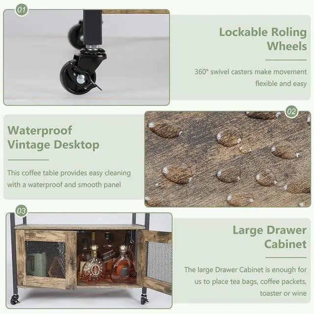 Alt view image 5 of 7 - X-cosrack Large Coffee Bar Cabinet3 Tiers Kitchen Coffee Cart with Drawer for The Home, Movable Farmhouse Coffee Station Table on Wheels for Living Room, Entryway, Dining Room, Kitchen