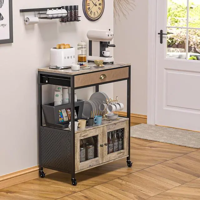 Alt view image 6 of 7 - X-cosrack Large Coffee Bar Cabinet3 Tiers Kitchen Coffee Cart with Drawer for The Home, Movable Farmhouse Coffee Station Table on Wheels for Living Room, Entryway, Dining Room, Kitchen