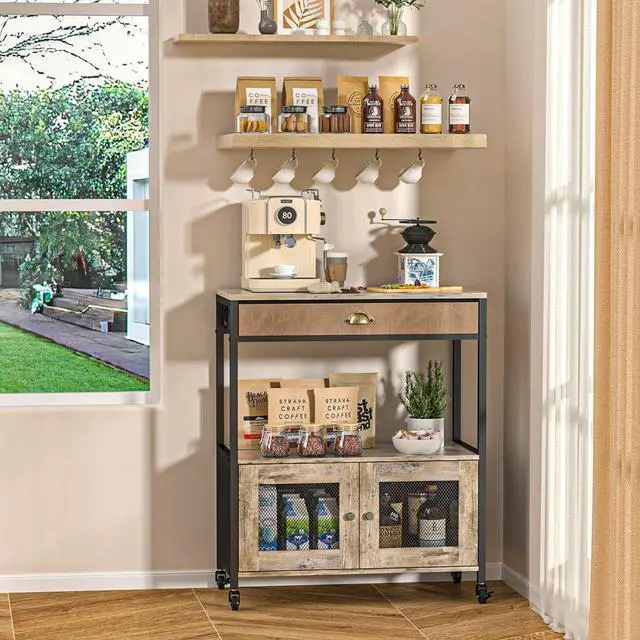 Alt view image 7 of 7 - X-cosrack Large Coffee Bar Cabinet3 Tiers Kitchen Coffee Cart with Drawer for The Home, Movable Farmhouse Coffee Station Table on Wheels for Living Room, Entryway, Dining Room, Kitchen