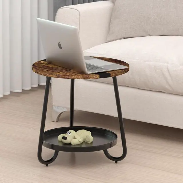 Alt view image 2 of 7 - 2 Tier Coffee Table in Living Room, Industrial Style Round End Table with Metal Tray, Small Outdoor Side Table for Bedroom Balcony Patio, Rustic Brown