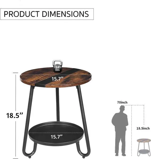 Alt view image 3 of 7 - 2 Tier Coffee Table in Living Room, Industrial Style Round End Table with Metal Tray, Small Outdoor Side Table for Bedroom Balcony Patio, Rustic Brown