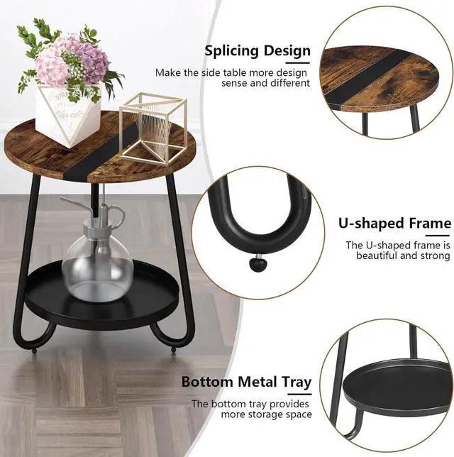Alt view image 5 of 7 - 2 Tier Coffee Table in Living Room, Industrial Style Round End Table with Metal Tray, Small Outdoor Side Table for Bedroom Balcony Patio, Rustic Brown